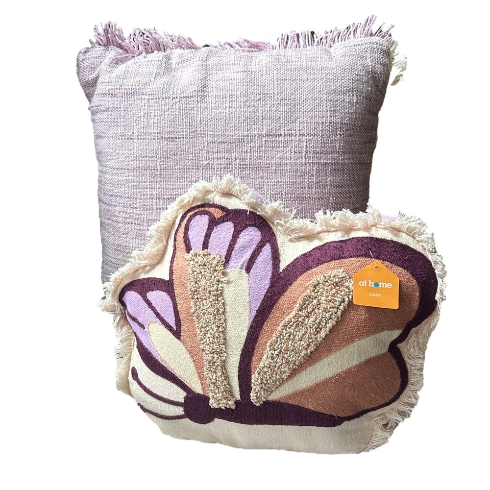 Pink Purple Butterfly Accent Pillow Set of 2 Fringed Textured 3D Decorative NEW